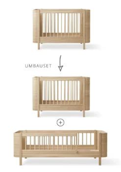 Geschwisterset für 'Wood Mini+' Babybett inkl. Junior-Erweiterung zu zwei Betten Eiche
