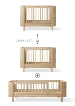 Geschwisterset für 'Wood Mini+' Babybett inkl. Junior-Erweiterung zu zwei Betten Eiche