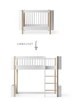 Umbauset für 'Wood Mini+' Babybett inkl. Junior-Erweiterung zum halbhohen Hochbett Weiß / Eiche