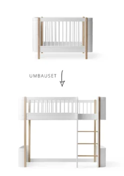Umbauset für 'Wood Mini+' Babybett inkl. Junior-Erweiterung zum halbhohen Hochbett Weiß / Eiche