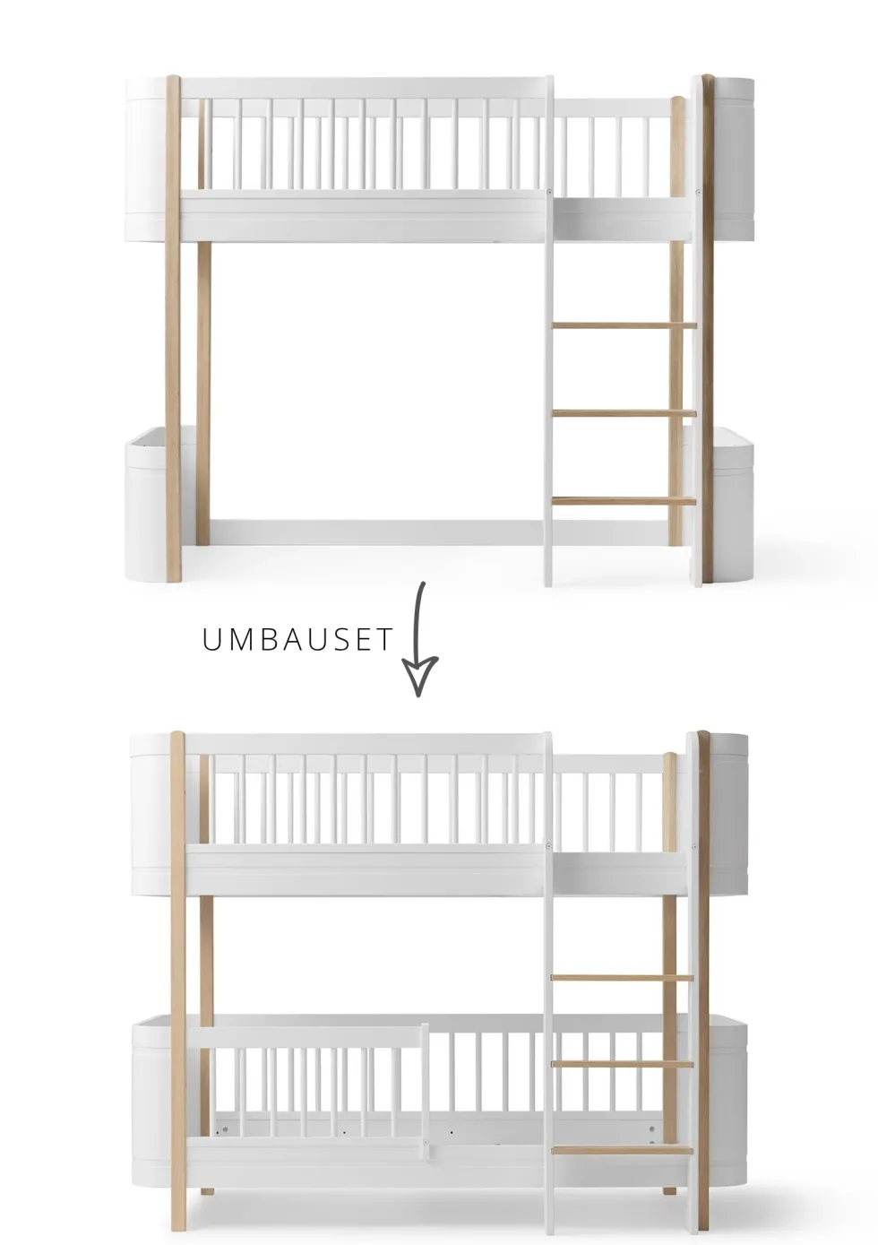 Umbauset für 'Wood Mini+' halbhohes Hochbett zum halbhohen Etagenbett Weiß / Eiche