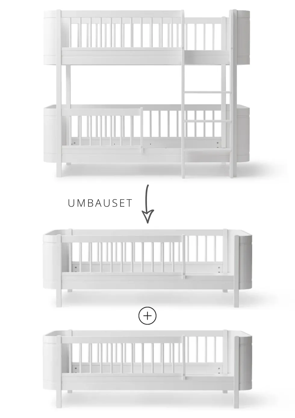 Umbauset für 'Wood Mini+' halbhohes Etagenbett zu zwei Juniorbetten Weiß