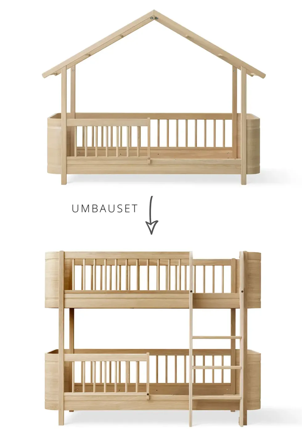 Umbauset für 'Wood Mini+' Hausbett zum halbhohen Etagenbett Eiche