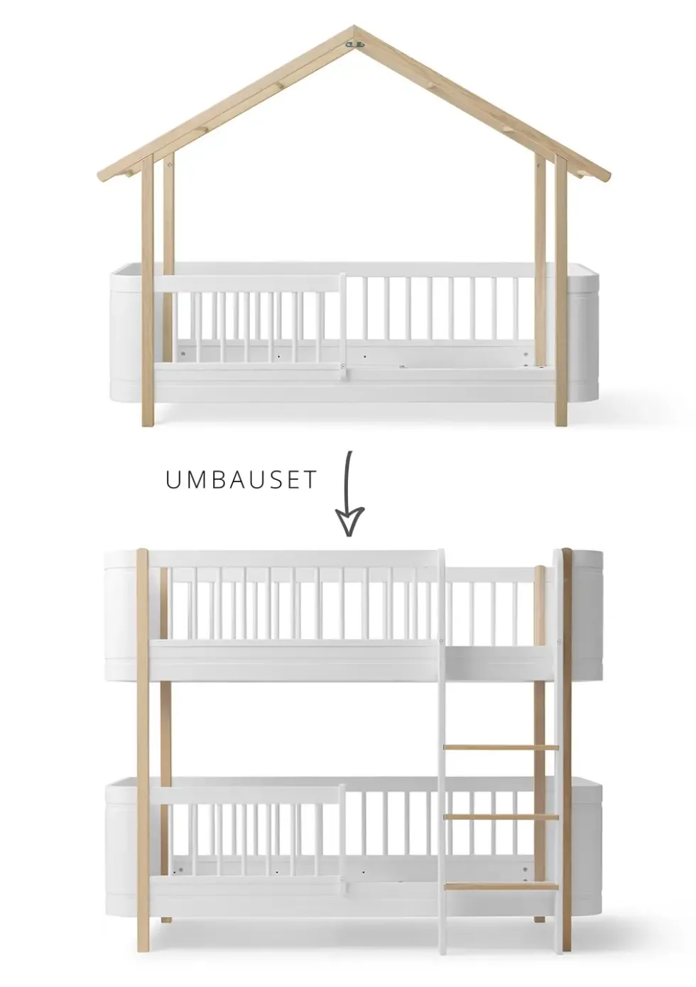 Umbauset für 'Wood Mini+' Hausbett zum halbhohen Etagenbett Weiß/Eiche