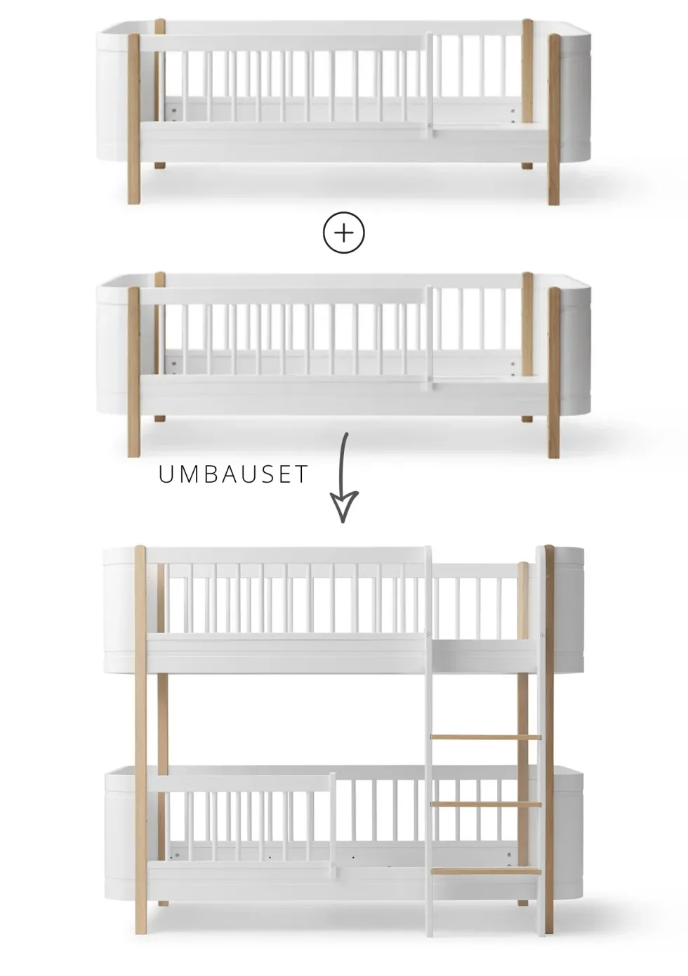 Umbauset für 'Wood Mini+' zwei Juniorbetten zum halbhohen Etagenbett Weiß / Eiche